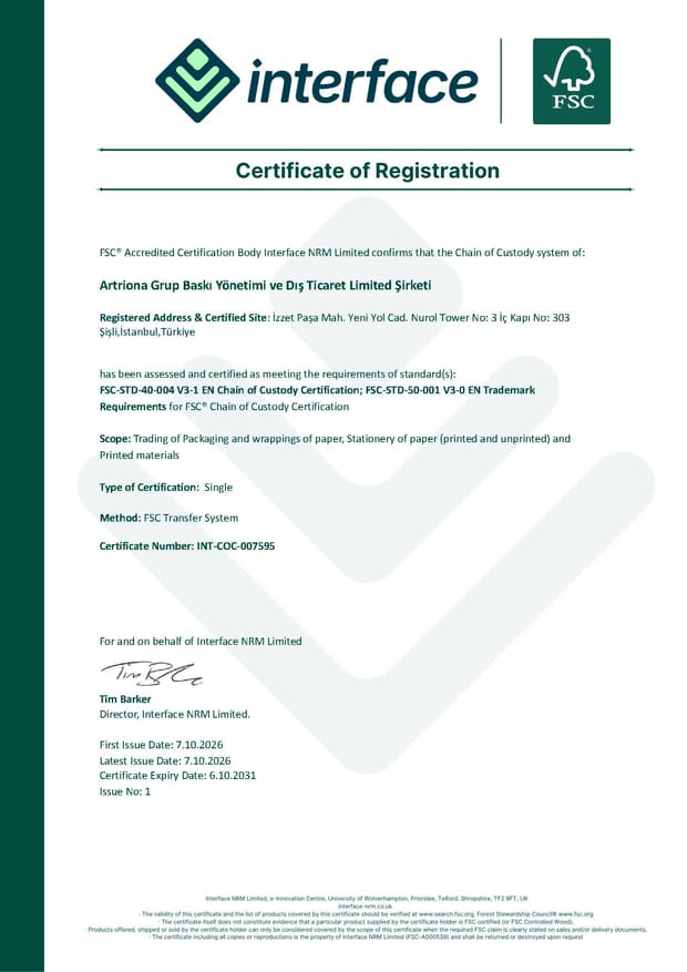 FSC Chain of Custody certificate of registration for Artriona Grup Baskı Yönetimi ve Dış Ticaret Limited Şirketi, certificate number INT-COC-007595
