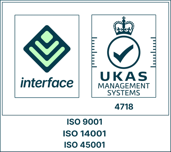 Interface NRM and UKAS Management Systems certification mark – ISO 9001, ISO 14001, ISO 45001