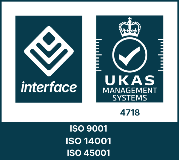 Interface NRM and UKAS Management Systems certification mark – ISO 9001, ISO 14001, ISO 45001