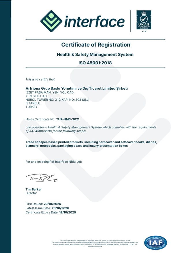 ISO 45001 certificate of registration issued to Artriona Grup Baskı Yönetimi ve Dış Ticaret Limited Şirketi, certificate number TUR-HMS-3021