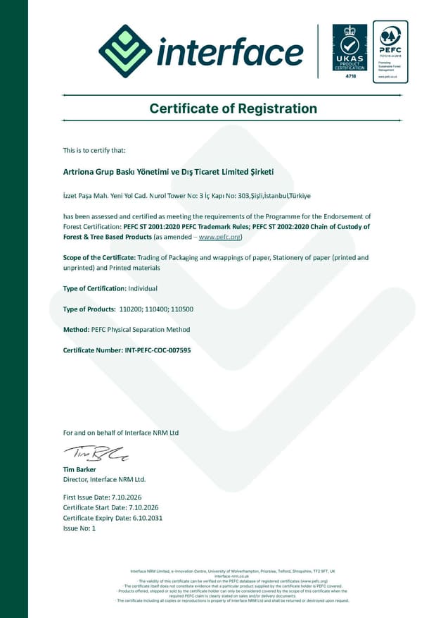 PEFC Chain of Custody certificate of registration for Artriona Grup Baskı Yönetimi ve Dış Ticaret Limited Şirketi, certificate number INT-PEFC-COC-007595
