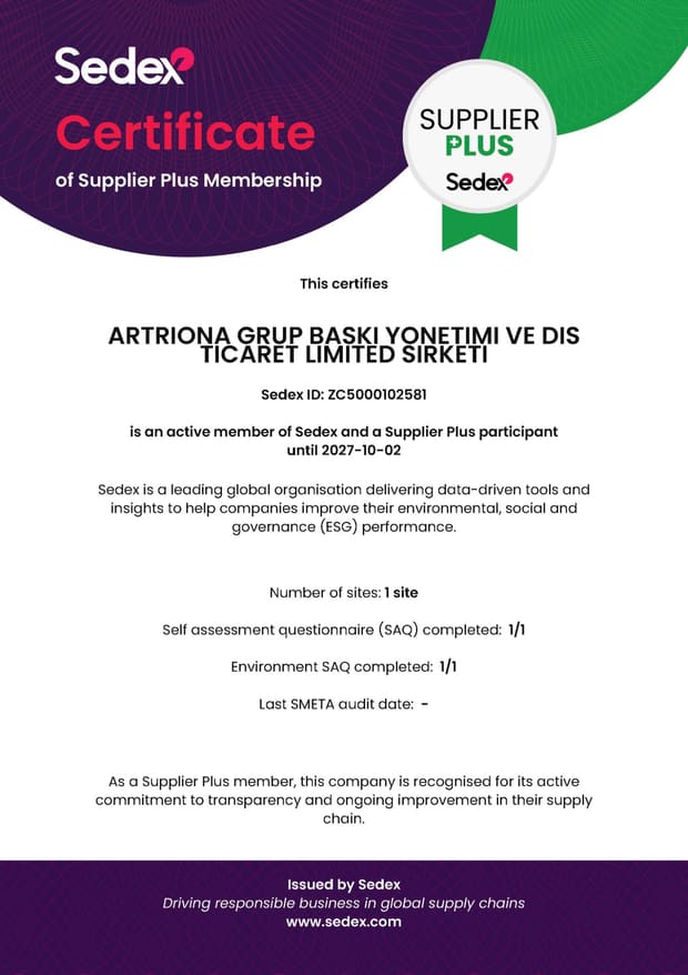 Sedex certificate of Supplier Plus membership for Artriona Grup Baski Yonetimi ve Dis Ticaret Limited Sirketi, Sedex ID ZC5000102581