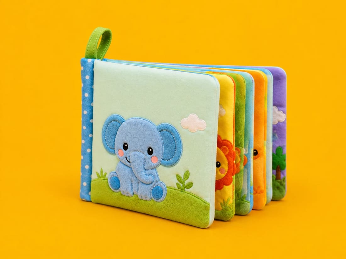 Soft fabric children's book with an appliqué elephant on the cover