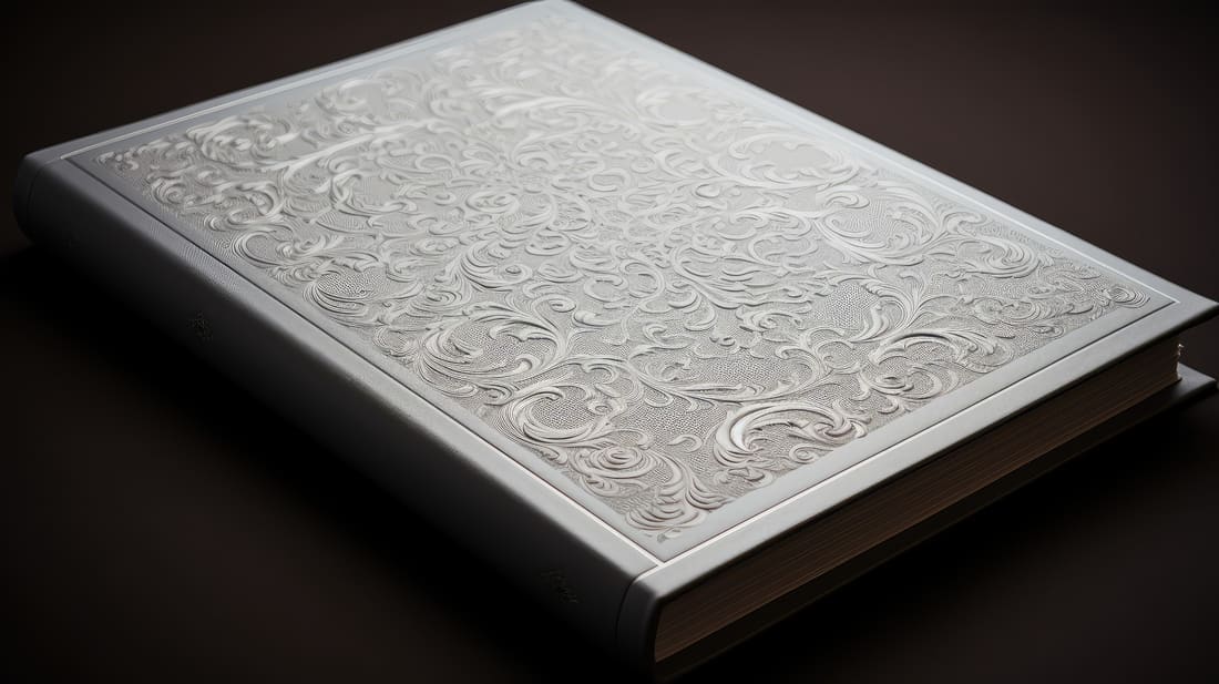 White book cover with an intricate blind-embossed ornamental pattern