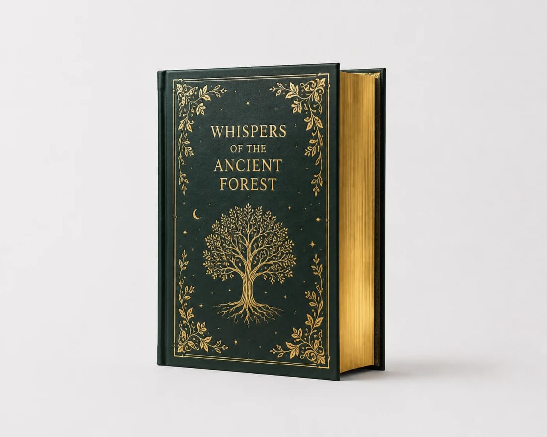Dark green hardcover book with gold foil cover design and gilded page edges