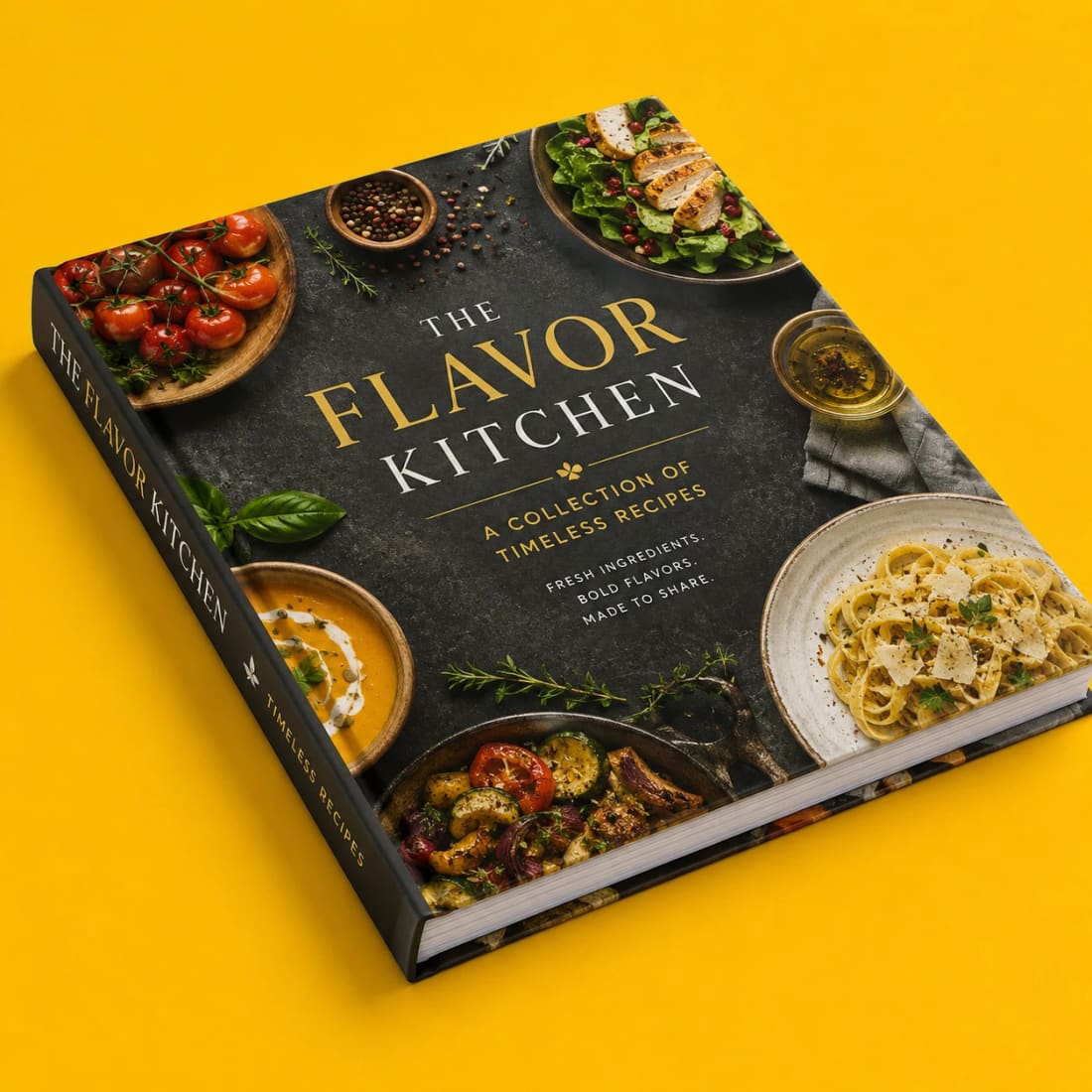 Illustrated cookbook with a dark photographic cover and gold title