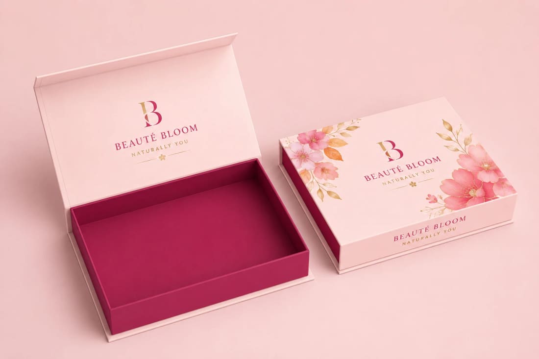 Pink magnetic-closure rigid presentation box, open and closed