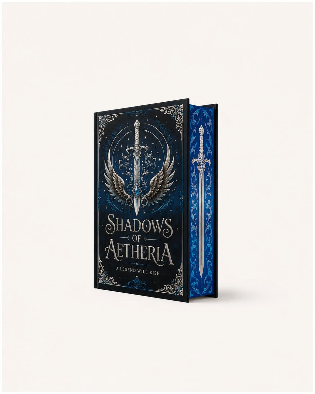 Navy and silver fantasy hardcover with a decorative printed page edge