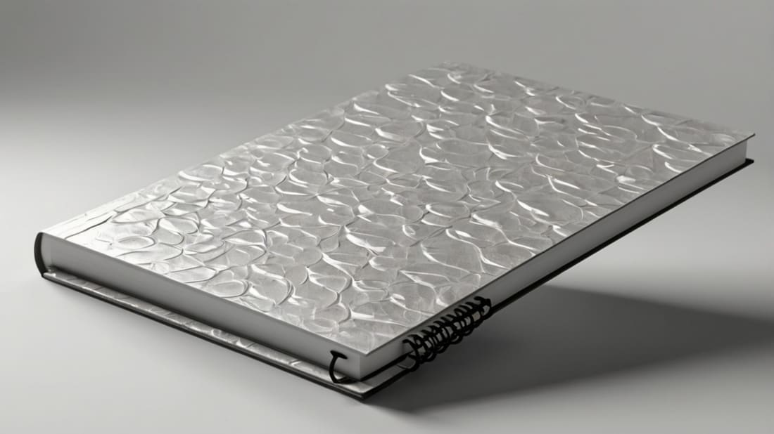 Silver textured book cover catching the light